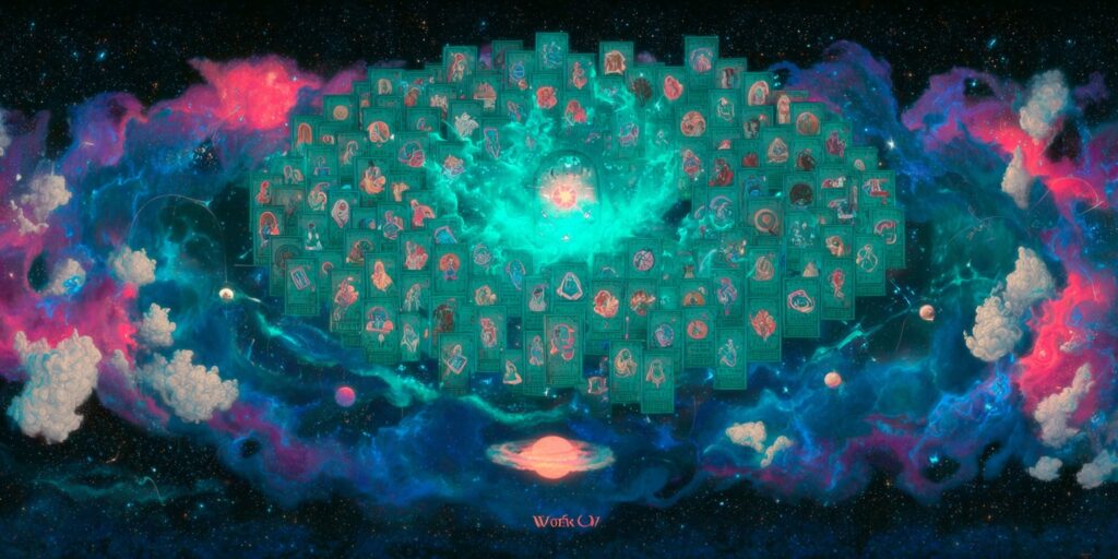 Evrene Dair Mitlerin Kökenine Giriş - 2. Bölüm 1 A cosmic dreamscape under a swirling galaxy sky, filled with vibrant nebulae in soft pink, deep purple, and shimmering turquoise. In the center floats a large circular Tarot mandala made of glowing cards each card reimagined with inclusive, genderfluid archetypes like The Sovereign, The Mystic, and The Rebel. Around the mandala, diverse queer and femme-presenting figures drift weightlessly in space, some holding cards, others reaching toward constellations shaped like the symbols of Venus, Mars, and nonbinary stars. Flowing banners of stardust connect them like energetic threads of identity, intuition, and resistance. Below, a mirrored planet reflects the scene like a cosmic oracle - blending sky and soul. The mood is empowering, radiant, and limitless - a celebration of spiritual freedom, community, and the evolution of Tarot beyond binary norms.