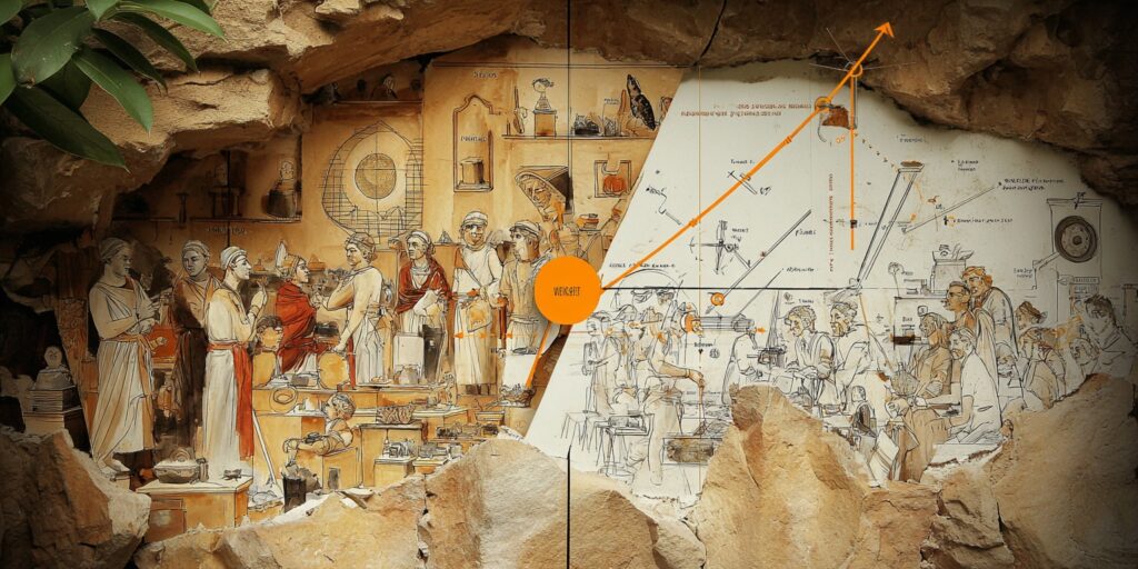 Mitolojiden Erken Bilime Geçiş - 4. Bölüm 11 A split historical scene showing the transition from myth-based cosmology to early scientific observation: on one side ancient observers documenting star cycles on clay tablets surrounded by symbolic mythic figures; on the other side early geometric tools, alignment markers, and primitive astronomical charts being used to reinterpret the same sky; neutral lighting, detailed, analytical composition.