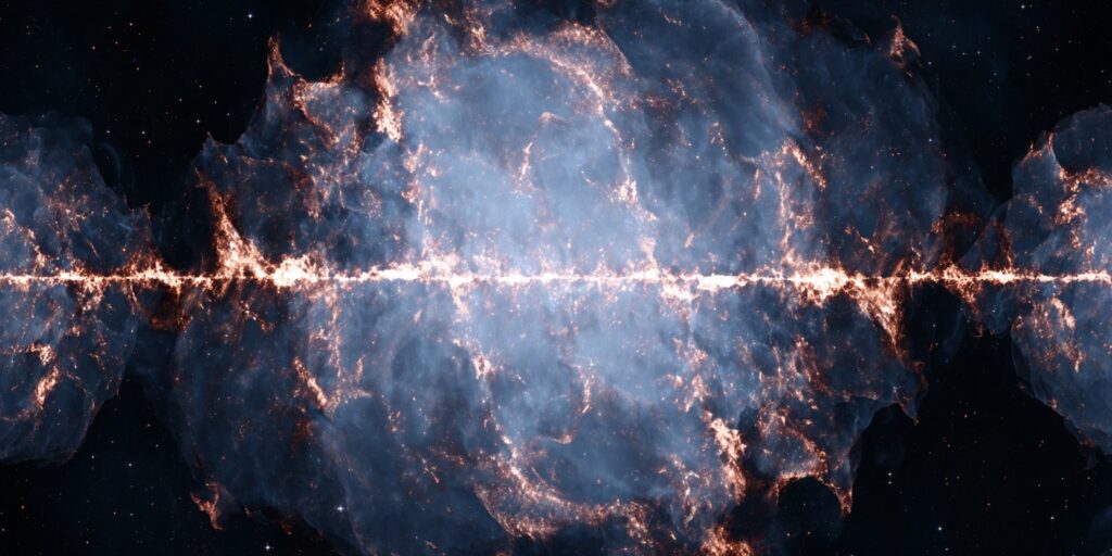 Evrenin dışında ne var? - 1. Bölüm 4 The universe depicted as the inner organ of an enormous celestial creature, star clusters forming veins of light, nebulae drifting like living tissue, and beyond its outer skin an endless shimmering realm of unknown patterns, surreal and majestic.