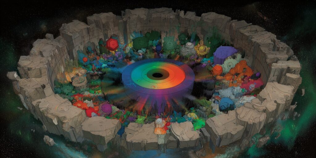 Evrenin dışında ne var? - 1. Bölüm 5 A matryoshka structure of nested universes, each layer a different color and geometry, inner layers spinning slowly, outer layers fractured like ancient stone rings, vast cosmic depth, dreamlike and symbolic.